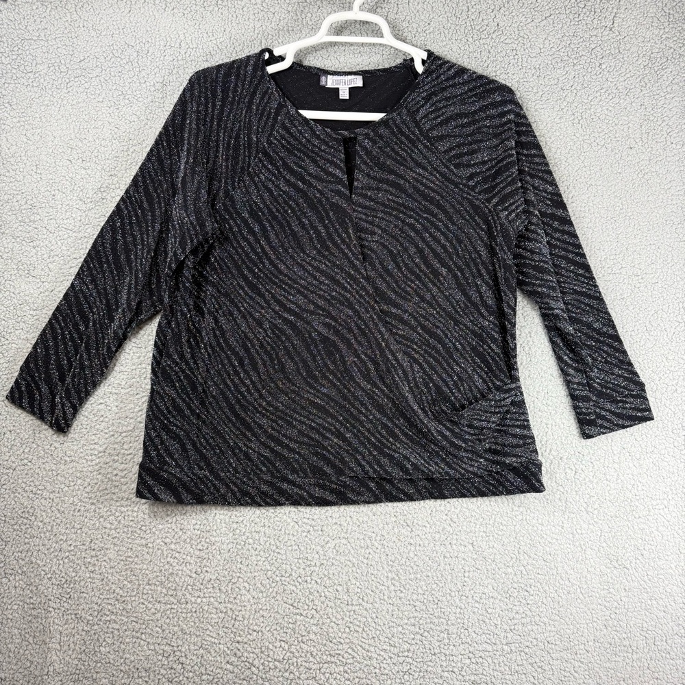 Jennifer Lopez Black Metallic Wave Keyhole Blouse‎ Faux Wrap Cocktail Party